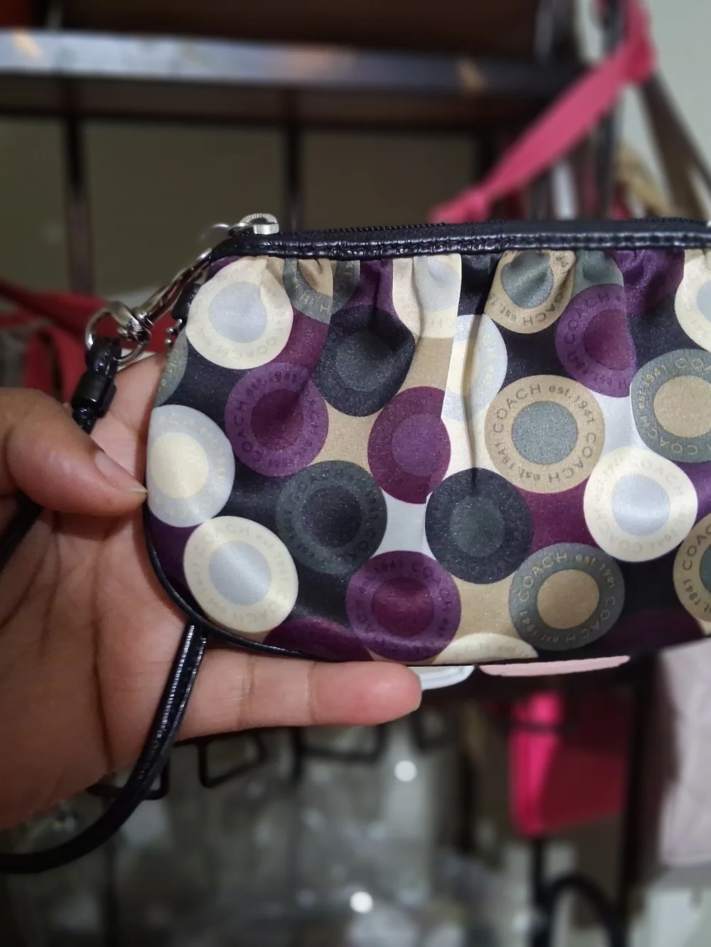 Coach Purple Multi Circle Pattern Wristlet with Black Trim